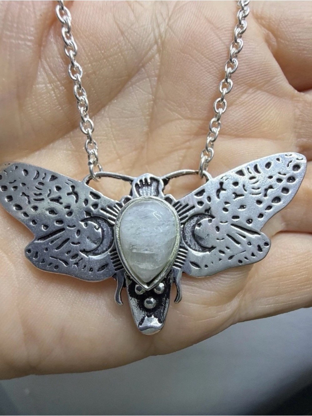 925 Sterling Silver Moonstone Moon Moth Pendant Necklace jewelry - Picture 8 of 10